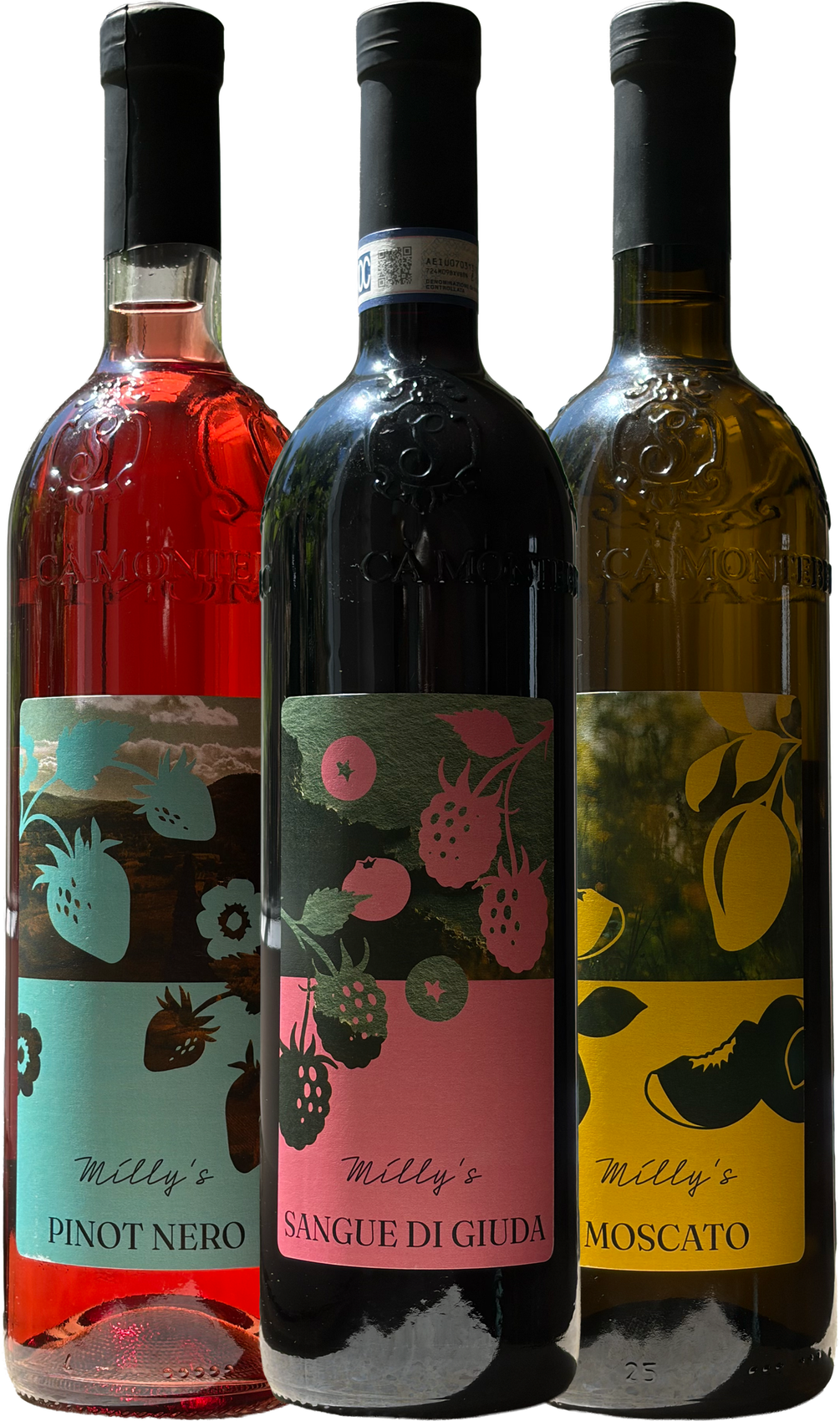 Die drei Milly's Flaschen: Pinot Nero Rosé, Sangue di Giuda und Moscato
